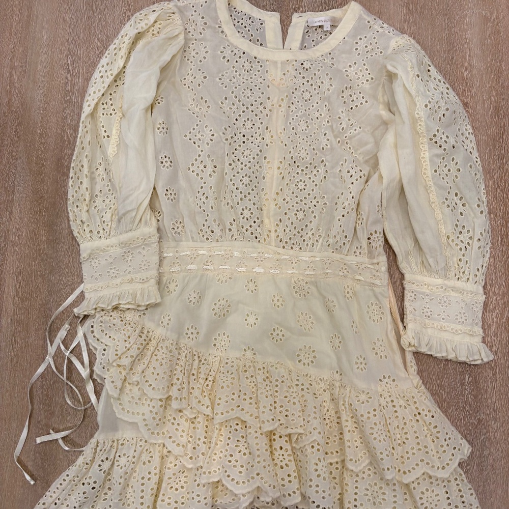 LoveShackFancy Cream Eyelet Ruffle Mini Dress Size S Romantic Cottagecore